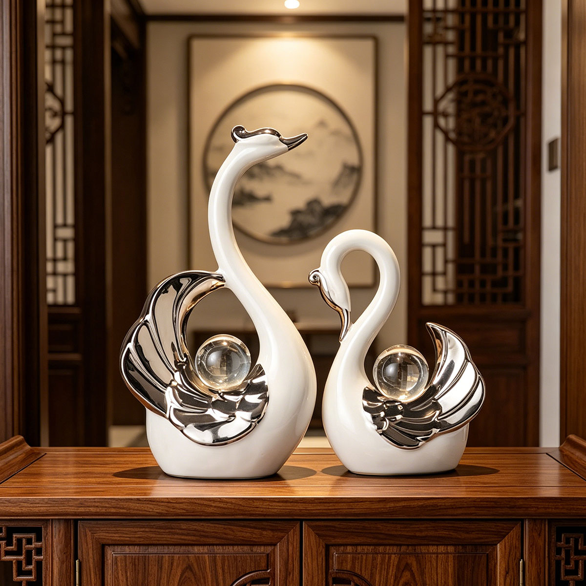 Quiet Luxury Lifestyle - Ceramic Couple Swan Ornament With Crystal